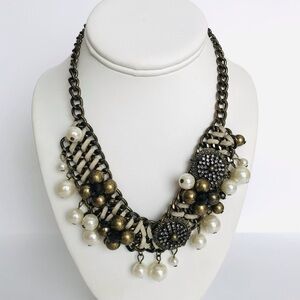 Vivi Live Faux Pearl Rhinestone Bead Leather Gunmetal Necklace